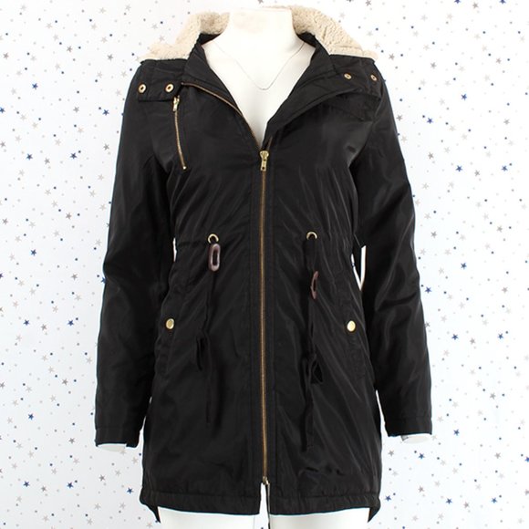 Fur Lined Hood Long Padded Zip Up Jacket Black - Picture 2 of 9